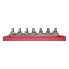 Side profile of red busbar showing stud height and robust base construction