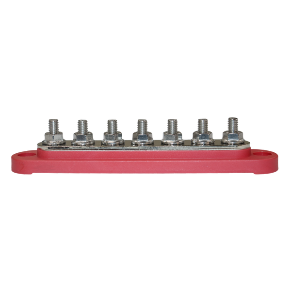 Side profile of red busbar showing stud height and robust base construction