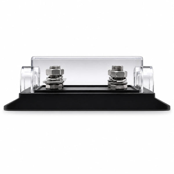 Front profile view of the dual ANL fuse holder showing the clear cover and side entry points