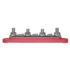 Side profile of red busbar showing the height of the four threaded studs and base thickness