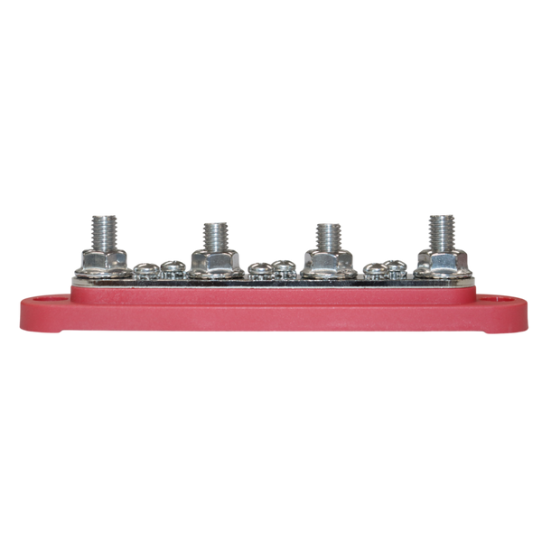 Side profile of red busbar showing the height of the four threaded studs and base thickness