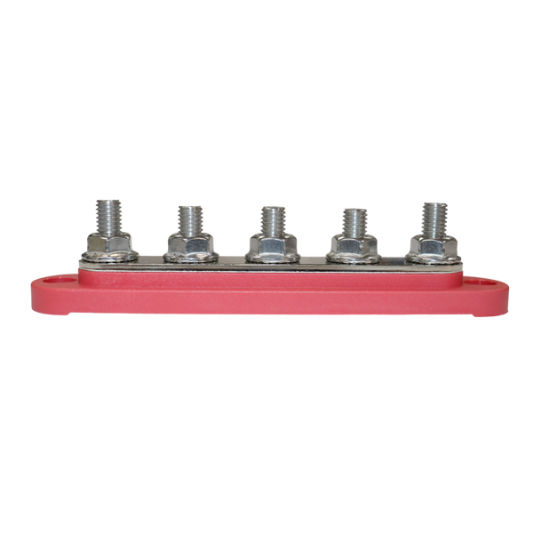 Side profile of red busbar showing M8 stud height and reinforced base