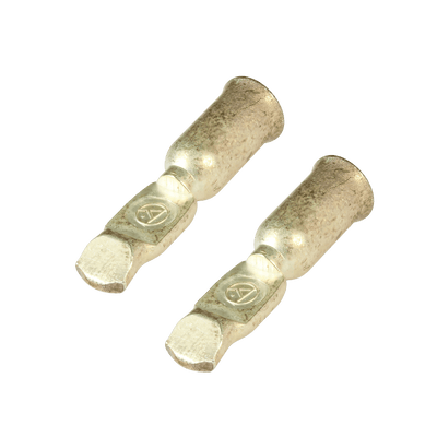 Close-up of two silver-plated 6AWG crimp contacts with stamped Anderson logo
