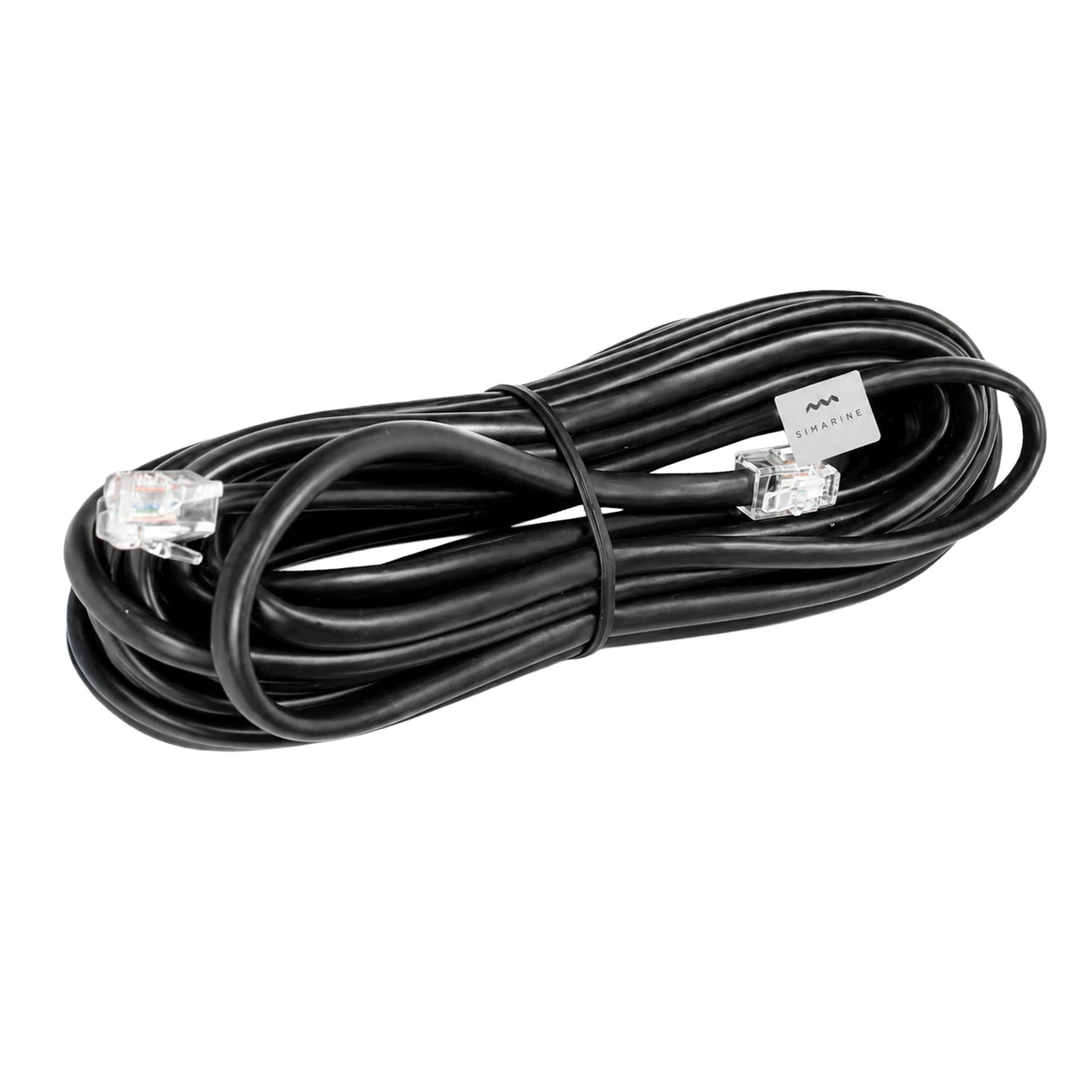 Coiled 8m black data extension cable with clear RJ connectors and Simarine logo tag