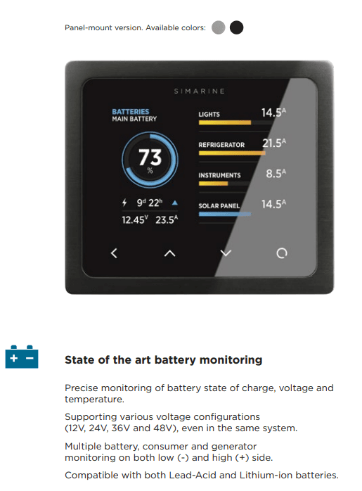 Simarine Pico panel mount monitor with descriptive text about battery monitoring features