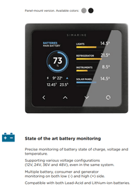 Simarine Pico panel mount monitor with descriptive text about battery monitoring features