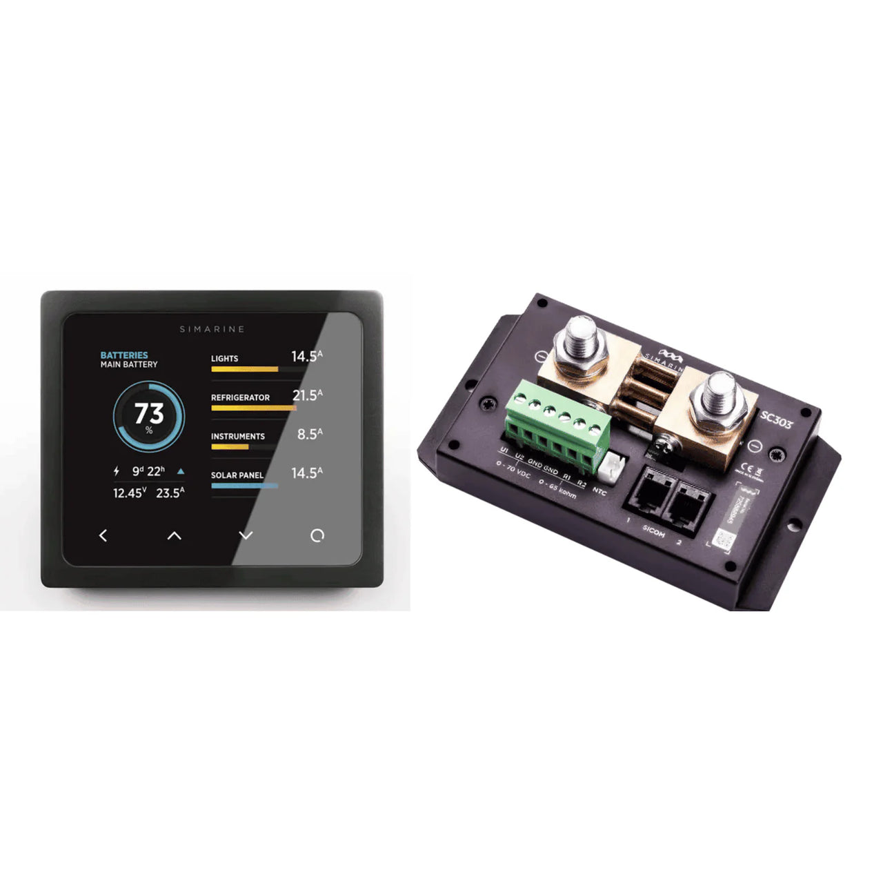 Simarine Pico display panel in black and active digital battery shunt
