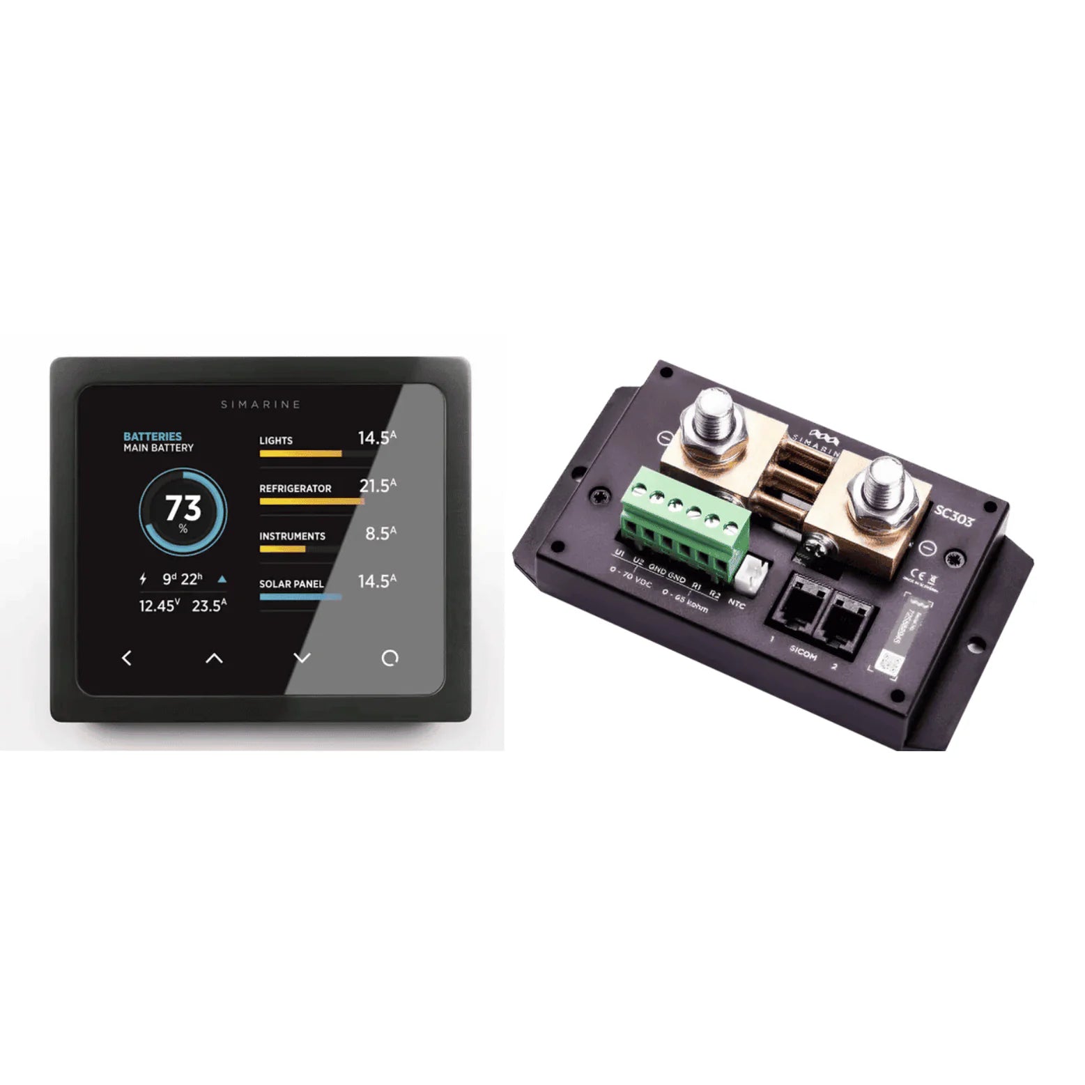 Simarine Pico display panel in black and active digital battery shunt