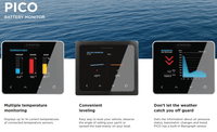 Simarine Pico display screens for temperature monitoring, inclinometer leveling, and barograph air pressure