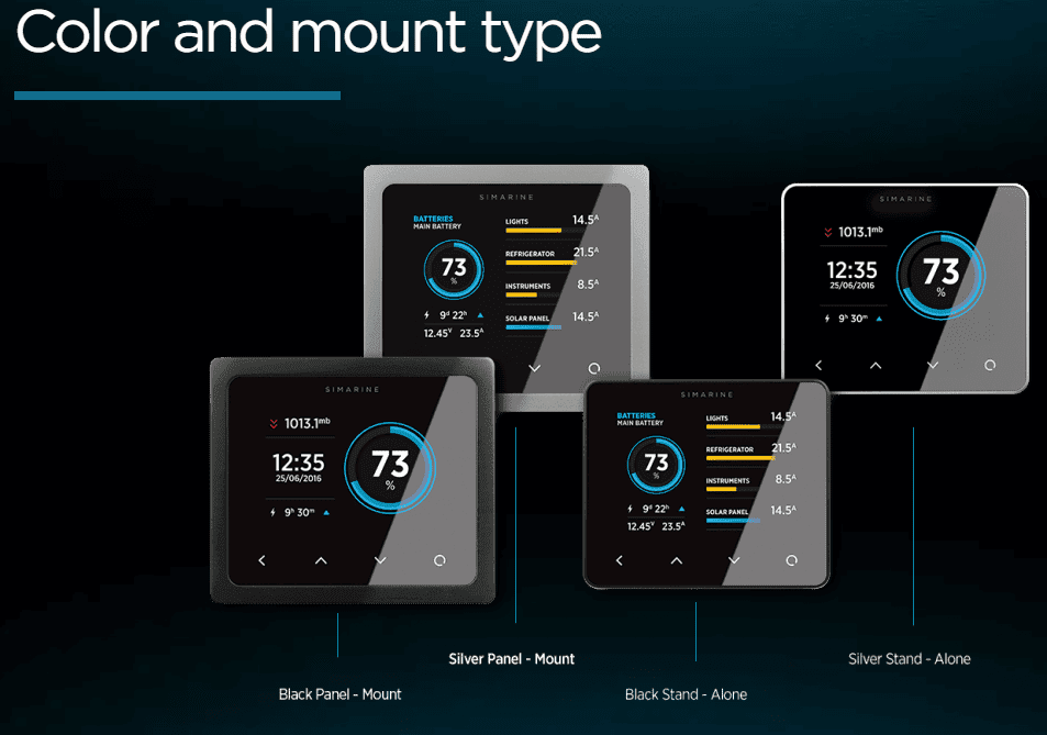 Comparison of black and silver finishes for surface mount and panel mount battery monitor displays