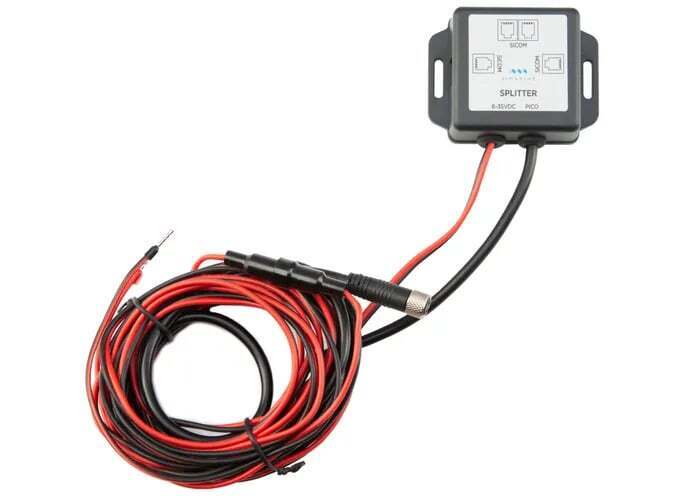 Simarine Pico power cable splitter with four SICOM ports and a long coiled red and black cable