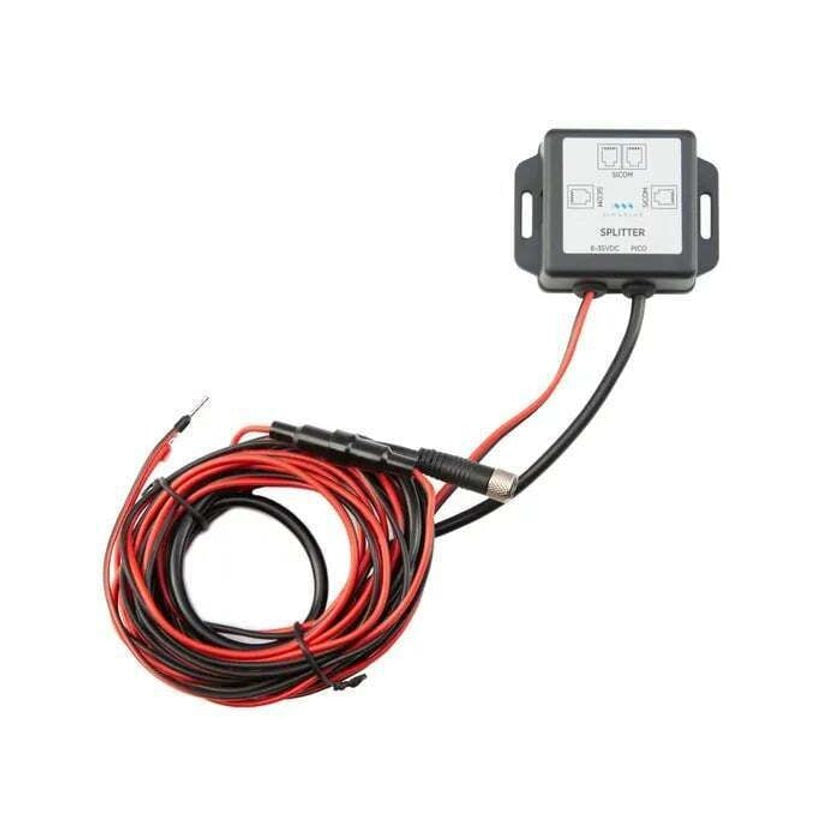 Simarine Pico power cable splitter with four SICOM ports and a long coiled red and black cable