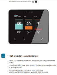 Simarine Pico standalone monitor with descriptive text about tank level monitoring features