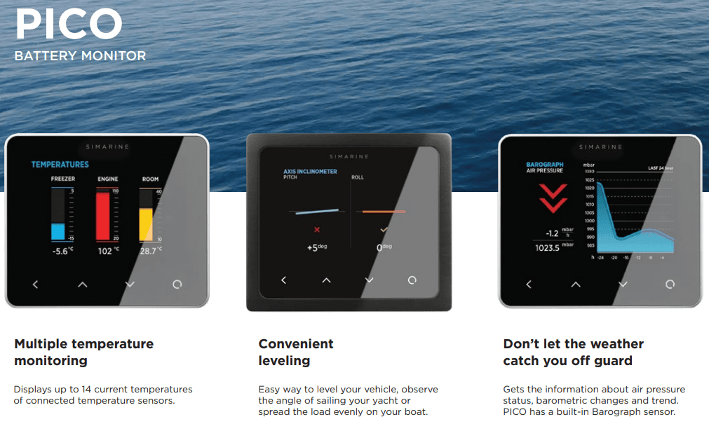 Three Simarine Pico screens displaying temperature, inclinometer data and barometric pressure graphs