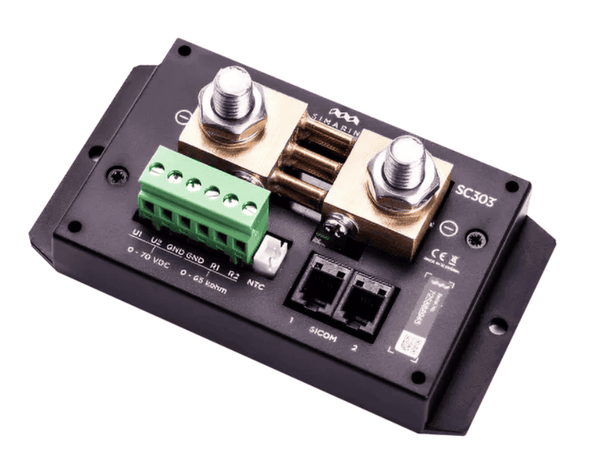 Simarine SC303 300A active digital battery shunt showing terminal bolts and sensor ports