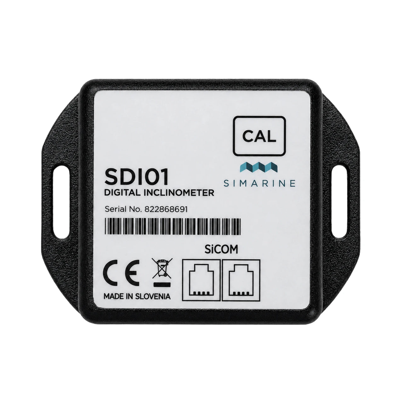 Technical top-down view of Simarine SDI01 digital inclinometer showing calibration button and SiCOM ports