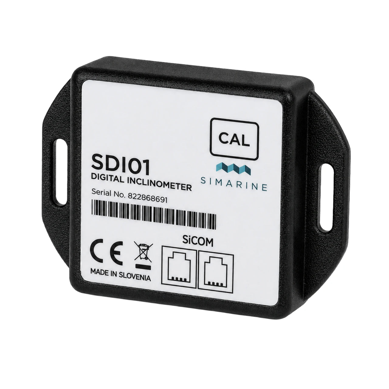 Angled perspective view of the Simarine SDI01 inclinometer housing with mounting holes