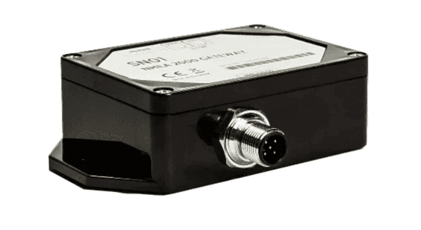 Perspective view of black Simarine SN01 NMEA 2000 Gateway with threaded male connector