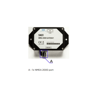 Technical view of a Simarine SN01 gateway showing mounting points and the NMEA 2000 connection port