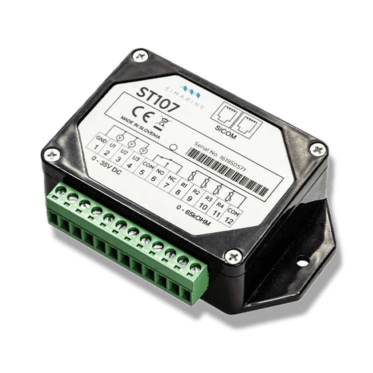 Perspective view of Simarine ST107 tank module with green terminal block and SICOM ports