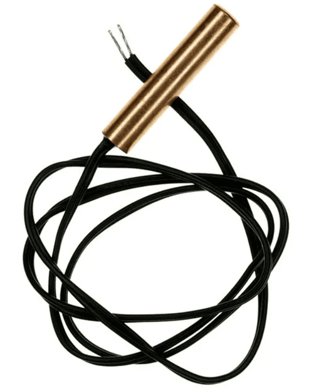 Simarine temperature sensor featuring a brass probe and 5m black coiled cable with stripped wire ends