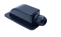 Angled view of black ABS single cable entry housing showing curved aerodynamic shape and cable gland