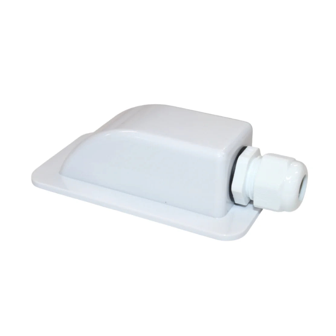 Angled view of white single cable entry cover showing gland and mounting flange