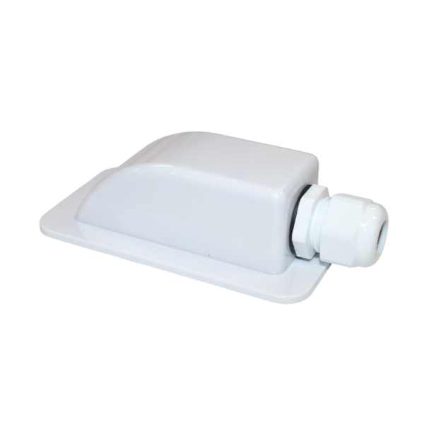Angled view of white single cable entry cover showing gland and mounting flange