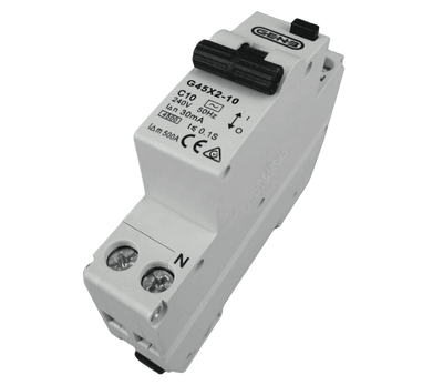 Angled view of 10A single module RCBO with black toggle switch and terminal screws