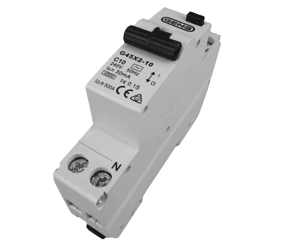 Angled view of 10A single module RCBO with black toggle switch and terminal screws