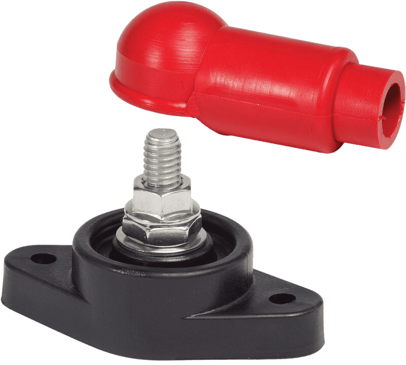 Single 3/8 inch stud power connector with red insulating cover and black base