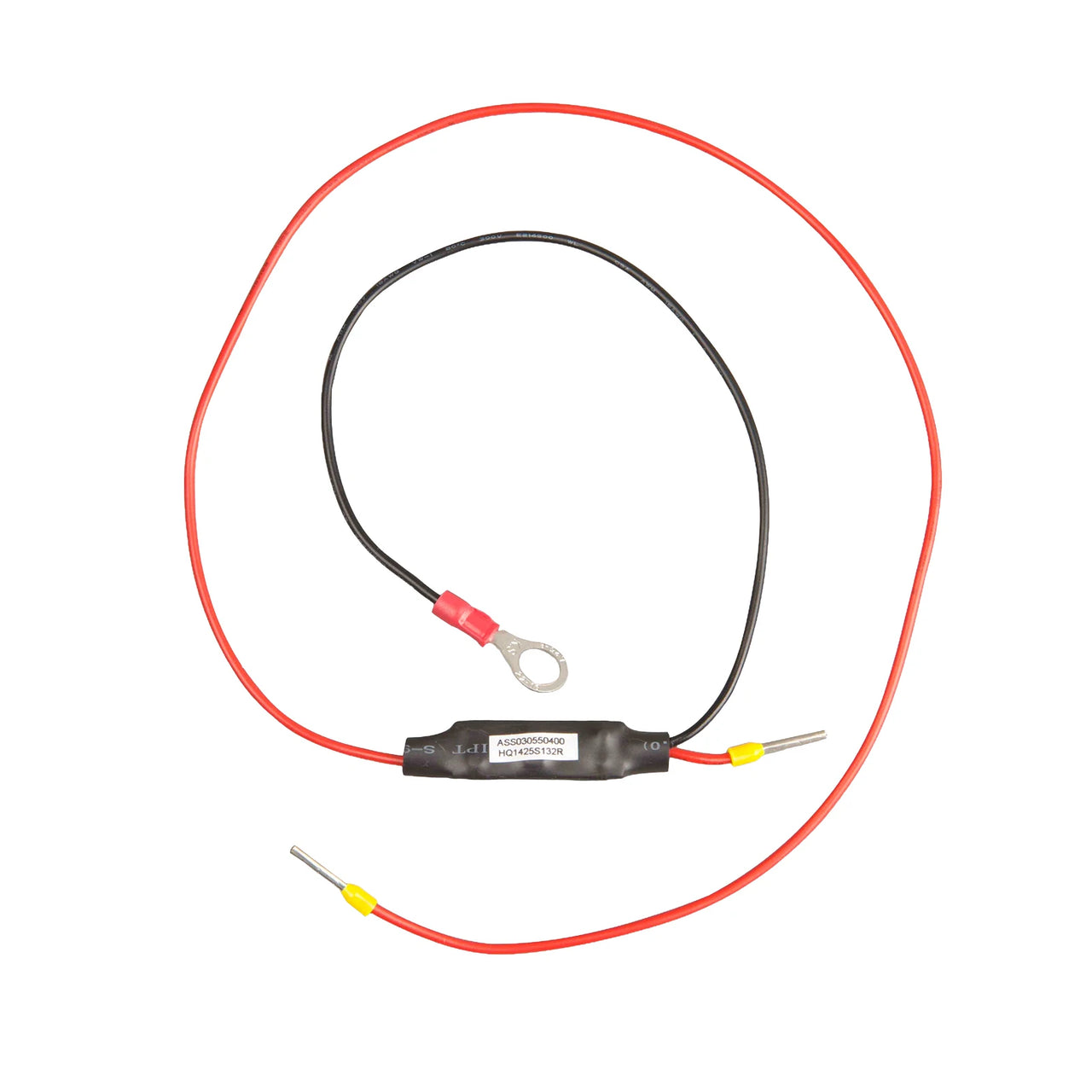 Skylla-i remote on-off cable featuring an inline module, ring terminal, and pin connectors