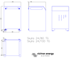 Technical dimensional drawing of Victron Skylla-TG battery charger showing front, side, and bottom views