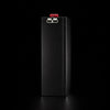 Narrow side profile of slim lithium battery showing vertical orientation and metal construction