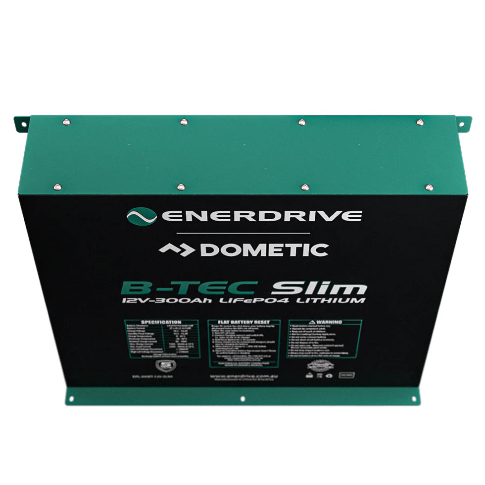Top angled view of the slimline lithium battery showing integrated mounting flanges