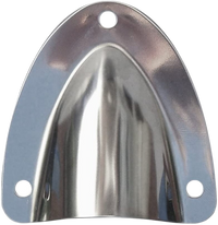 Front view of small stainless steel clamshell cable entry showing arched cable exit