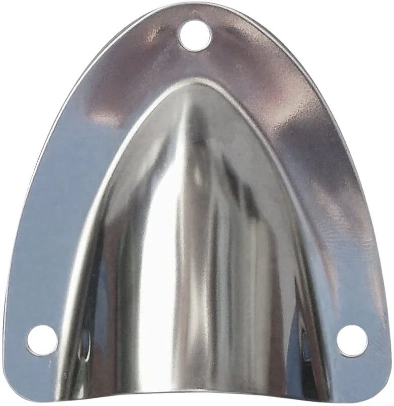 Front view of small stainless steel clamshell cable entry showing arched cable exit