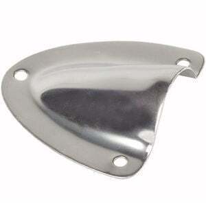 Polished stainless steel small clamshell cable entry cover with three mounting holes