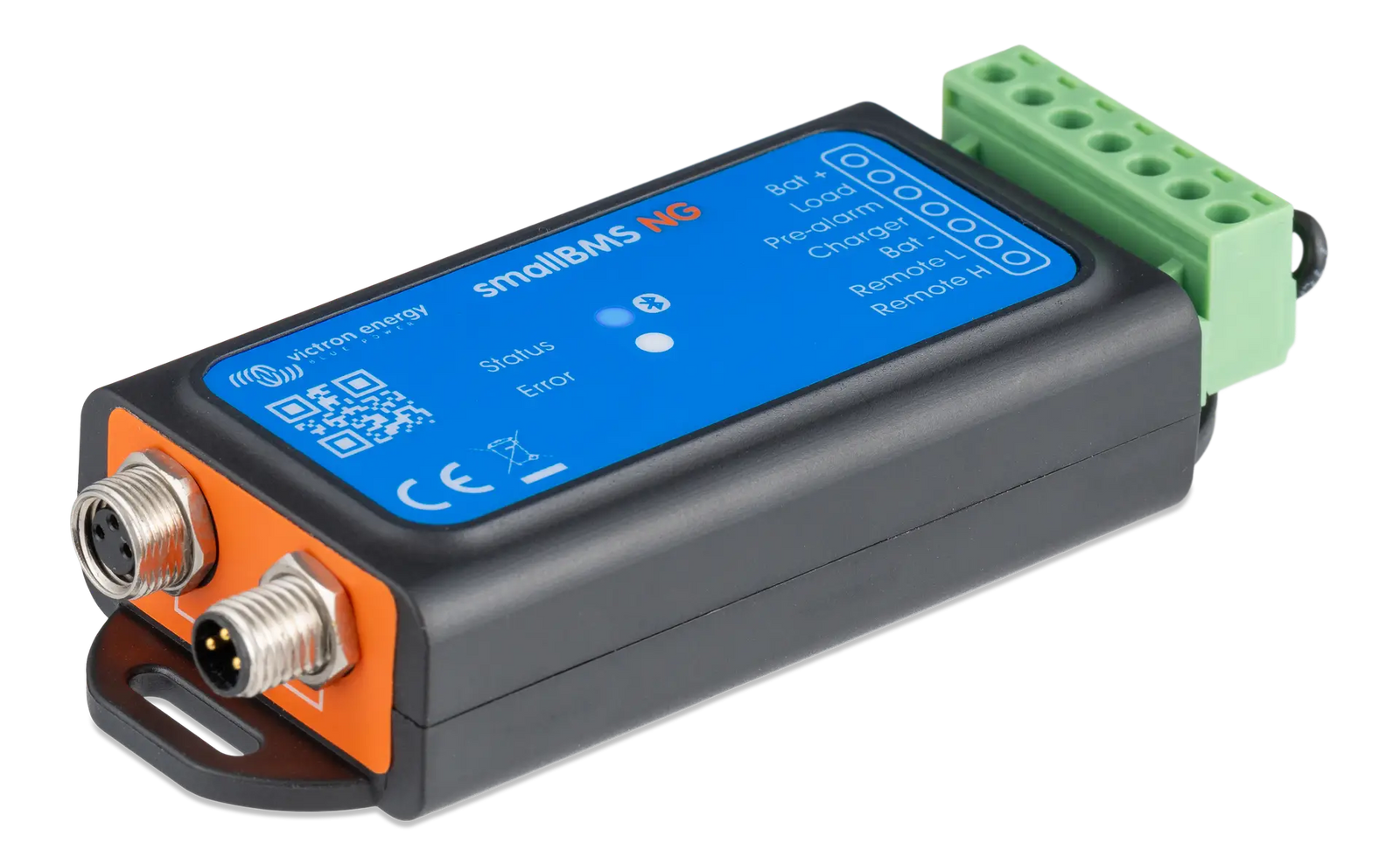 Angled view highlighting the circular BMS ports on the orange end panel