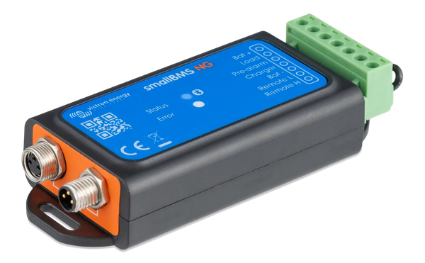 Angled view highlighting the circular BMS ports on the orange end panel