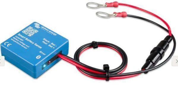 Perspective view of the blue battery sense unit with status LEDs