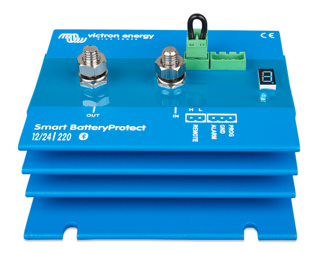 Angled front view of blue Smart BatteryProtect 220A showing integrated aluminium heatsink fins