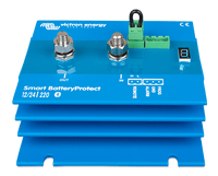 Angled front view of blue Smart BatteryProtect 220A showing integrated aluminium heatsink fins
