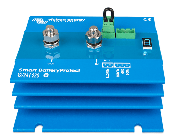 Angled front view of blue Smart BatteryProtect 220A showing integrated aluminium heatsink fins