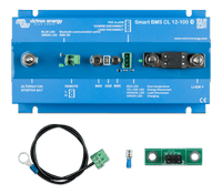 Top-down view of the Smart BMS unit with included terminal cables and fuse accessories