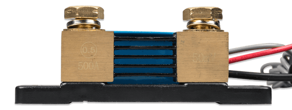 Side view of brass connection blocks and precision shunt resistor element