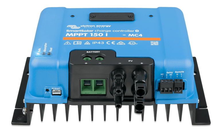 Direct bottom view of MPPT controller showing MC4 connectors and battery terminals
