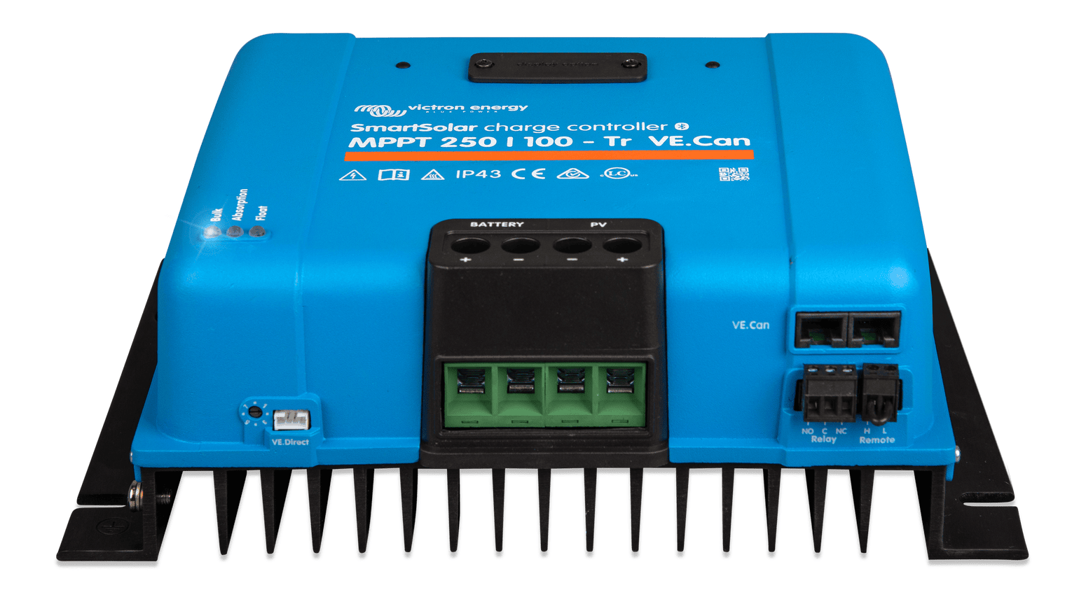 Front view of the SmartSolar controller connection area highlighting the terminal layout