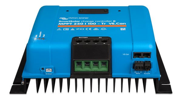 Front view of the SmartSolar controller connection area highlighting the terminal layout