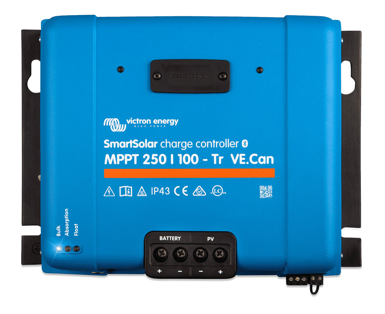 Front view of Victron SmartSolar MPPT 250/100-Tr VE.Can solar charge controller with terminal markings